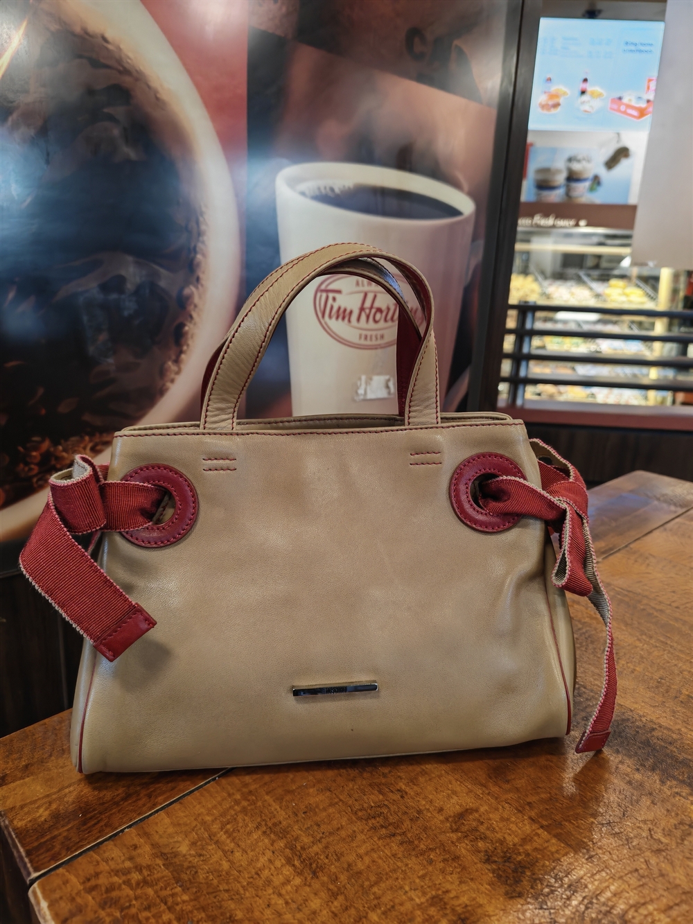 Moschino Taupe Leather mini Tote with Burgundy Accents